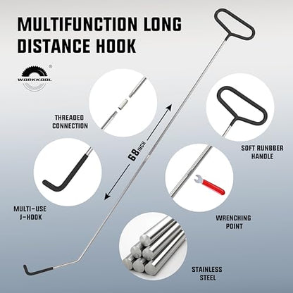 WORKKOOL 26PCS Car Tool Kit with Stainless Steel Assorted 5th Wheel Pin Puller,68 inches Long Distance Puller Hook, Air Wedge and Magnetic Pickup Tool with Flashlight
