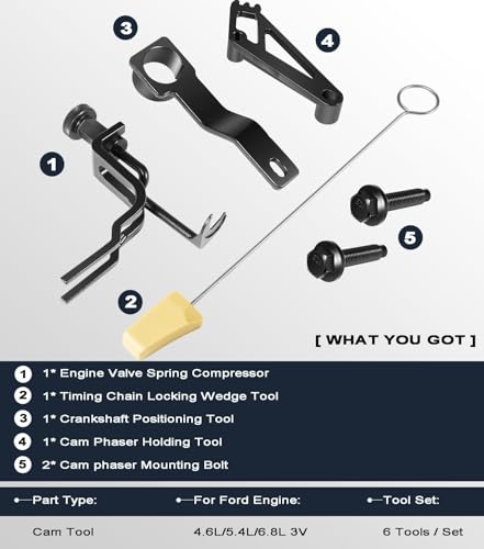 6PCS Timing Belt Tools For Ford 4.6L 5.4L 6.8L 3V Engines, Valve Spring Compressor Tool Kit, Cam Phaser Holding Tool, Timing Chain Wedge Tool, Crankshaft Positioning Holder, Cam Phaser Mount Bolt