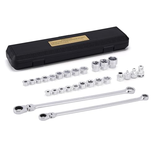 EMENTOL 27PCS Extra Long Flex Head Ratcheting Wrench Set, CR-V, Double Box End Ratchet Wrench Set with 8mm - 22mm, E8 - E22, 1/4", 3/8", 1/2" Socket Adapters Replacement Heads