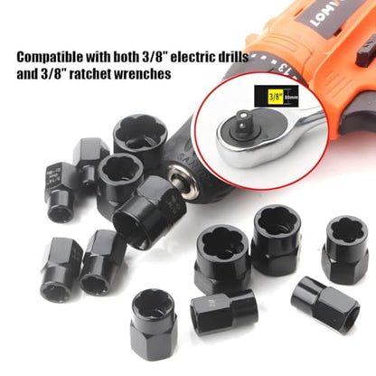 11pcs Twist Socket Set, 9-19mm Lug Nut Remover Set Damaged Bolt Screw Nut Extractor Tool Set Including a Punch Rod - size: 9-19mm 11pcs