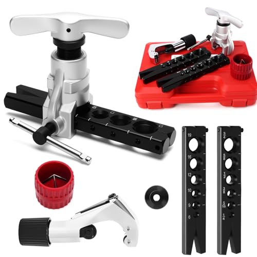 Flaring Tool Kit, Flare Tool HVAC, Copper Pipe Flaring Tool | 1/4''-3/4'' and 6-19mm 45° Eccentric Single Flare Tool with Tubing Cutter. For HVAC, Air Heaters, Refrigerators Maintenance - color: 5-Piece Set