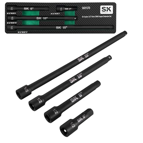 SK 1/2" Drive Impact Socket Extension Set, 3", 6", 10", 15", Cr-Mo Steel | 4-Piece Extension Bar Set, Black Manganese Phosphate Coating, with EVA Foam Storage Tray - size: 1/2-Inch Drive