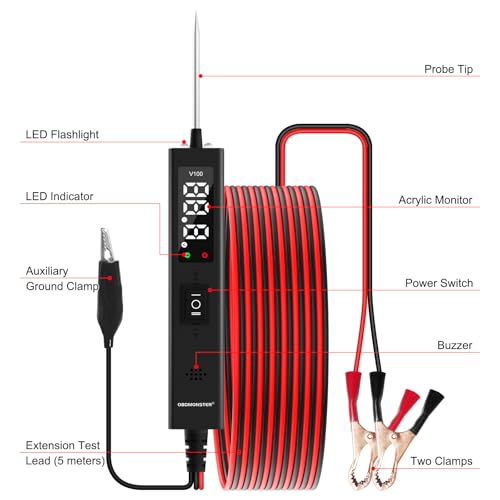 Power Circuit Probe Tester,OBDMONSTER V100 Circuit Tester, 0-80V DC Test Light Automotive Short Circuit Finder, Auto Electrical Circuit Tester, Car Fuse Tester, Automotive Tool（5 Meters） - color: V100-Black