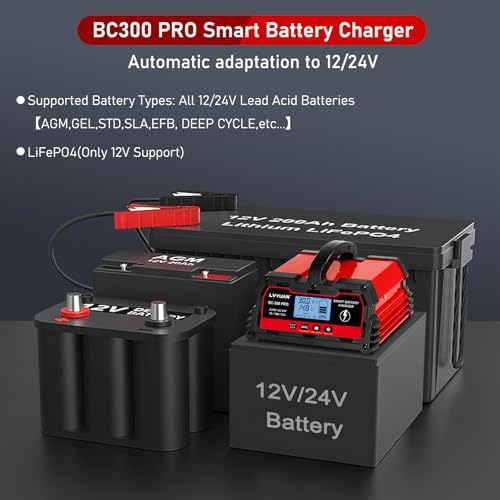 LVYUAN 30Amp Smart Car Battery Charger, 12V/24V Automotive Charger, Lead-Acid Battery, LiFePO4 Battery Maintainer with LCD Display, Trickle Charger, for Lawn Mower, Motorcycle, AGM, STD, Gel, EFB,etc