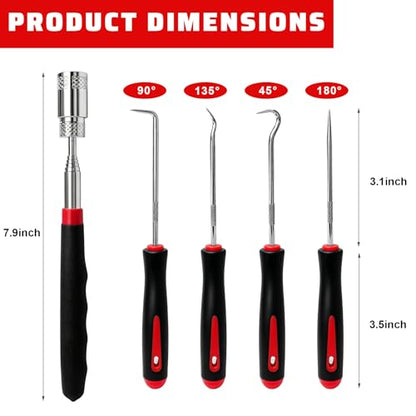 13PCS Precision Pick and Hook Tool Set, Magnetic Telescoping Tool w/Clip Pliers Fastener Remover Gasket Scraper, Rivets Puller Pick Tools w/Storage Bag for Automotive Repair (Red & Black) - color: Red & Black