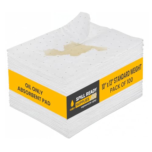 Spill Ready Oil Only Absorbent Pads 10" x 13" (100 Pack) - Standard Weight Absorbs Up to 16 oz per pad - 2mm Oil Absorbent Pads - Hydrophobic Oil Spill Mat for Fuel Spills - White Sorbent Pads | Ideal for Marine, Industrial & Outdoor Use - color: 10" x 13