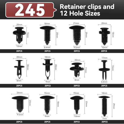 245Pcs Car Retainer Clips & Tools All-in-One Kit - 240 Black Push Pins (12 Sizes) with 5 Orange Pry Bars Stored Inside Box. Portable Bumper Fender Fastener Set for GM Ford (245Pcs) - style: 245pcs
