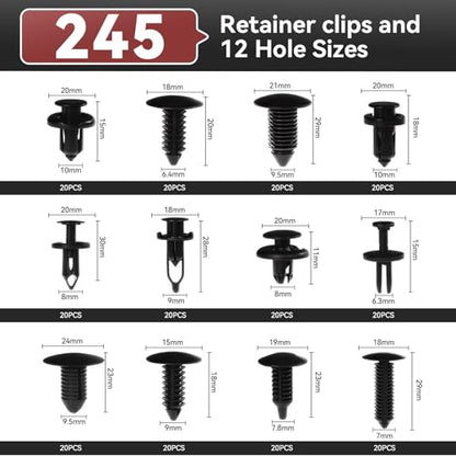 245Pcs Car Retainer Clips & Tools All-in-One Kit - 240 Black Push Pins (12 Sizes) with 5 Orange Pry Bars Stored Inside Box. Portable Bumper Fender Fastener Set for GM Ford (245Pcs) - style: 245pcs