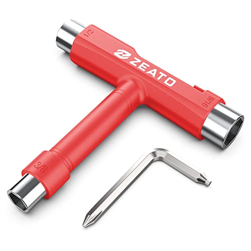 All-in-One Skate Tools Multi-Function Portable Skateboard T Tool Accessory with T-Type Allen Key and L-Type Phillips Head Wrench Screwdriver - color: Red