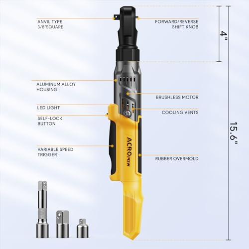ACROPOW 3/8" Cordless Ratchet Wrench, Compatible with DEWALT 20V MAX Battery, 74Ft-Lbs Brushless Motor Electric Ratchet with Variable Speed, 1/2" & 1/4" Adapters, 3" Extension Bar (Tool Only) - size: 4 PCS