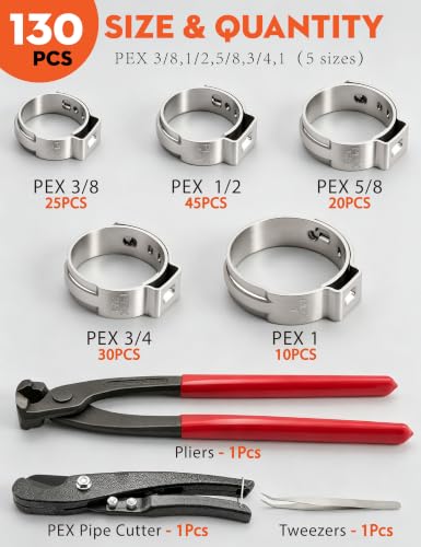 PEX Cinch Clamp Kit 130pcs, 304 SS Plier Set for Pipe Repair | Anti-Rust 304 SS Single Ear Clamps with Ratcheting Crimper. Fix Leaks Instantly for DIY Home Plumbing & Auto Repairs - color: Pex Clamp-130pcs