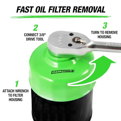 OEMTOOLS 87140 64mm 14 Flute Oil Filter Wrench, Green, 3/8 in Drive, Prevents Slippage, Wide Compatibility | 64mm 14 Flute Oil Filter Wrench Set, Fits 3/8" Ratchet, Non-Slip Grip, Rust-Resistant - style: 64 mm 14 Flute