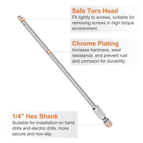 HARFINGTON 2pcs T20 Security Torx Bit 1/4" Hex Shank 6" Long S2 Steel Magnetic Tamper Resistant Star Bits Screwdriver Torx Head with Hole for Driver Drill Bits Remove Fastening Screws - size: T20