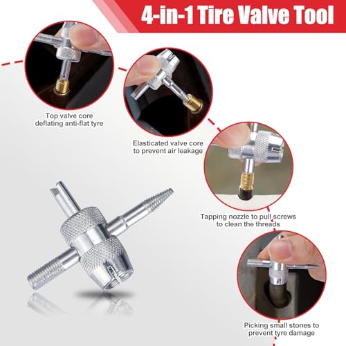37Pcs Tire Valve Stem Tool,with TR413/414,4-Way Valve Core Removal Tool | T-Handle Puller,Push Rod&Gloves,Valve Stem Removal Tool,Quickly Replacement Tool Kit,Car, Truck, Motorcycle