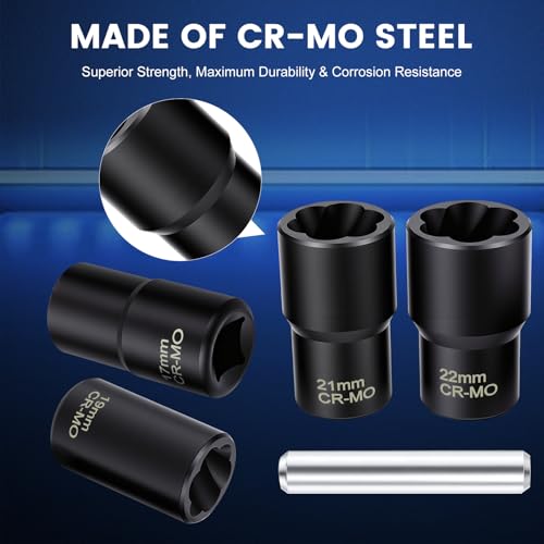 Professional 5-Piece Lug Nut Extractor Set with 1/2-inch Drive, Impact Twist Socket Set,17mm 19mm 21mm 22mm Wheel Lock Removal Tool Kit for Stripped Lug Nut Remover