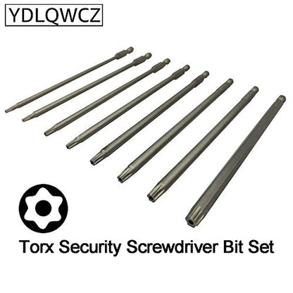 YDLQWCZ Long Torx Security Screwdriver Bit Sets 6 Inch Length T8 T10 T15 T20 T25 T27 T30 T40 S2 Steel Torx Security Head Drill Screw Driver Drill Set (8Pcs 150mm)