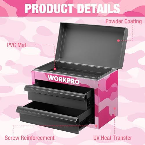 WORKPRO Metal Mini Tool Box with 2 Drawers and Top Storage | Cold Rolled Steel Toolbox, Ball Bearing Slides, PVC Drawer Liners, PP Feet Pads, Durable Storage - color: Pink Camo