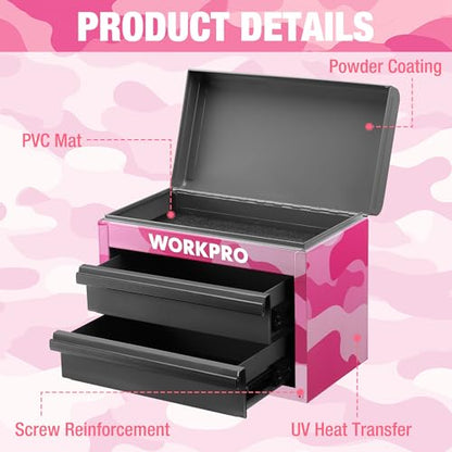 WORKPRO Metal Mini Tool Box with 2 Drawers and Top Storage | Cold Rolled Steel Toolbox, Ball Bearing Slides, PVC Drawer Liners, PP Feet Pads, Durable Storage - color: Pink Camo