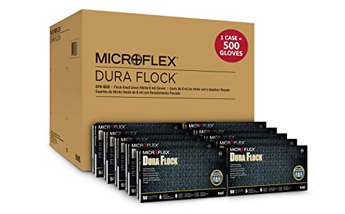 Ansell Microflex Dura Flock DFK-608 Thick 11mil Nitrile Gloves w/Flock Lining for Automotive, Aftermarket, Machinery - XX-Large, Green (Case of 500) - size: XX-Large, style: Pack of 500