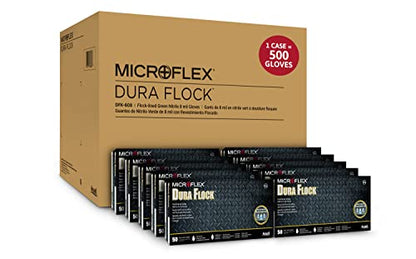 Ansell Microflex Dura Flock DFK-608 Thick 11mil Nitrile Gloves w/Flock Lining for Automotive, Aftermarket, Machinery - XX-Large, Green (Case of 500) - size: XX-Large, style: Pack of 500