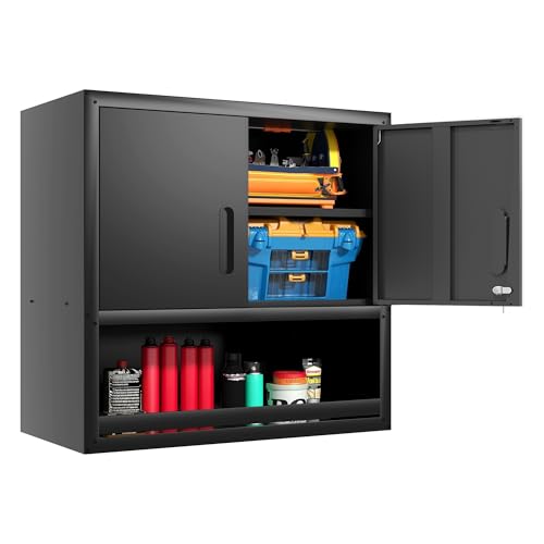 Metal Storage Cabinet for Garage, Tool Cabinet, Utility Cabinet | Wall Mounted, Hanging Tool Cabinet, Lockable, 2 Doors, Open Storage Compartment, Assembly Required, Black - color: Black