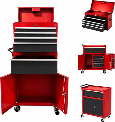 Heavy Duty 5 Drawer Tool Chest, Rolling Tool Box Cabinet on Wheels, 2-in-1 Detachable Metal Tool Storage Organizer for Garage and Workshop, Locking Steel Tool Cart with Portable Top Tool Box,Black&Red - color: Red&lack, size: 20 inch 5 Drawers