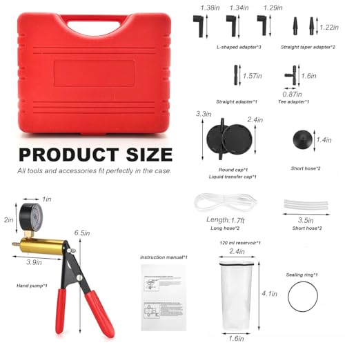 Hand Held Vacuum Pump Brake Bleeder Kit, Brake Bleeder Pressure Tester Hand Vacuum Pump with Gauge Adapters, Brake Fluid Bleeding Set with Protected Case for Car Truck Bike (Red) - color: Red