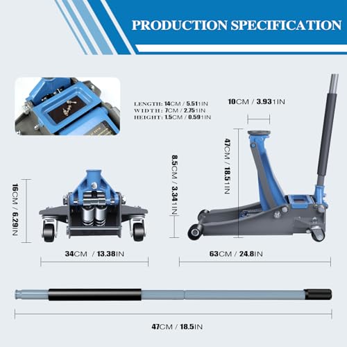 Larbanke 3 Ton Low Profile Floor Jack - Heavy Duty Steel Hydraulic Car Jack with Dual-Piston Rapid Lift Pump, 3.34"-18.5" Lifting Range, Magnetic Parts Tray, Blue - size: 465MM-3T
