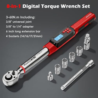 3/8" Digital Angle Torque Wrench, 2-44 Ft.lb, ±2% Accuracy, 8pcs | Electronic Torque Wrench with 0.1° Angle Mode, LED Display, Buzzer Alerts for Automotive, Motorcycle & Engine Repair - size: Angle 3/8" 3-60N.m/2-44Ft.lb