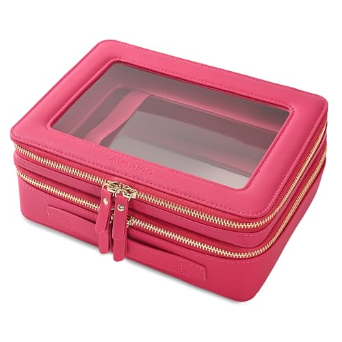 Aveniee XL Clear Makeup Organizer,Double Layer Travel Cosmetic Case with Brush Holder & Zippered Compartments,Big Toiletry Bag for Travel Accessories,2 Layers Large,Hotpink - color: PitayaPink, style: Dual Layer Large