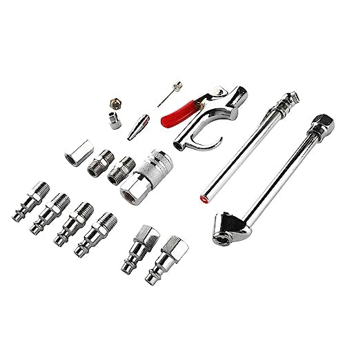 For Professional Maintenance and Cleaning - 17 Piece Air Compressor Accessory Kit with 1/4 Inch NPT Coupler and Plug Set - Includes Dual Foot Chuck, Blow Gun, Tire Gauge, and