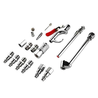 For Professional Maintenance and Cleaning - 17 Piece Air Compressor Accessory Kit with 1/4 Inch NPT Coupler and Plug Set - Includes Dual Foot Chuck, Blow Gun, Tire Gauge, and