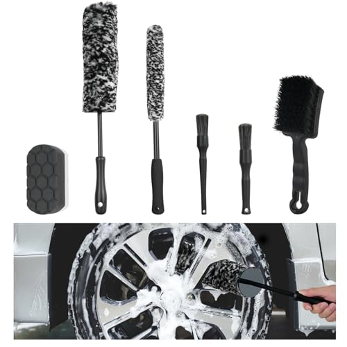BRUSH FAMILY 6PCS Car Rim Brushes for Cleaning Wheels Set | Car Detailing Cleaning Wash Brush, Stiff-Bristle Rim Brush with Tire Shine Applicator Pad for Cars SUV Tire RVs Trucks Wheel