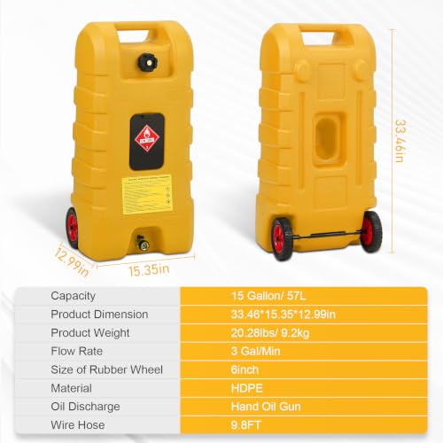 15 Gallon Gas Can, Fuel Tank Container with LE Fluid Transfer Manual Siphon Pump & 10FT Hose, Portable Diesel Gas Storage Caddy with Wheels for Car, ATV, Weeder, Boat, etc., Yellow - color: Yellow
