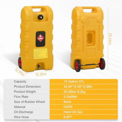 15 Gallon Gas Can, Fuel Tank Container with LE Fluid Transfer Manual Siphon Pump & 10FT Hose, Portable Diesel Gas Storage Caddy with Wheels for Car, ATV, Weeder, Boat, etc., Yellow - color: Yellow