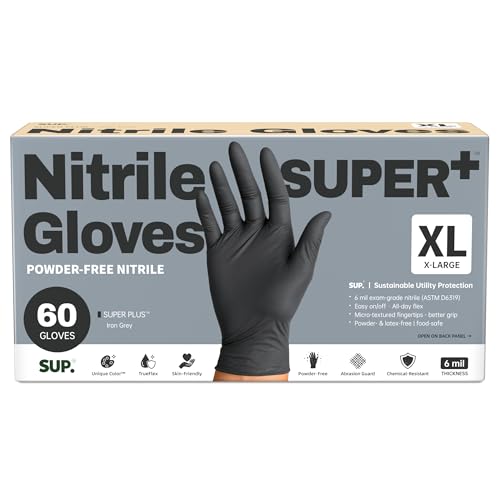 SUPER+ Black Nitrile Gloves HEAVY DUTY 6 Mil Disposable Chemical Resistant Powder & Latex Free Medical Food Safe, 60/600 Ct - color: X-large (Black)