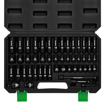 TecoTek 3/8" Drive Impact Socket Set, 49-Piece Standard SAE (5/16"-3/4") and Metric (8mm-22mm), 6 Point, Cr-V, Extension Bars, 1/2" F to 3/8" M Reducer, Universal Joint and Power Drill Adapter - size: 3/8" Drive 49pcs Impact Socket Set