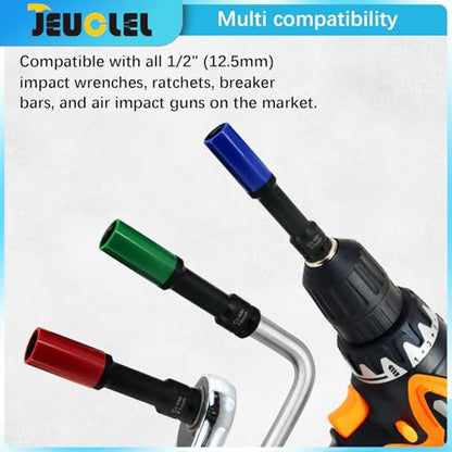 3PCS Lug Nut Socket Set, 1/2" Drive Impact Extra-Long Impact Socke | 17mm, 19mm, 21mm, 6 Point, Non-Marring, Thin Wall, Deep Socket, Wheel Protector, Protective Socket, Color-Coded, Cr-Mo Steel