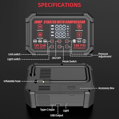 Jump Starter with Air Compressor, 4000A Peak Portable Car Battery Jumper Starter with 150PSI Auto-Shutoff Tire Inflator, 12V Car Jump Box with LED Light&LED Display All Gas /10L Diesel,Motorcycle