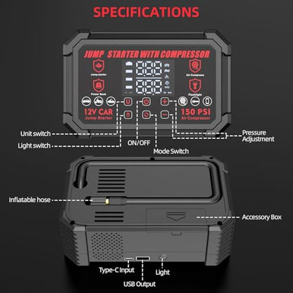Jump Starter with Air Compressor, 4000A Peak Portable Car Battery Jumper Starter with 150PSI Auto-Shutoff Tire Inflator, 12V Car Jump Box with LED Light&LED Display All Gas /10L Diesel,Motorcycle
