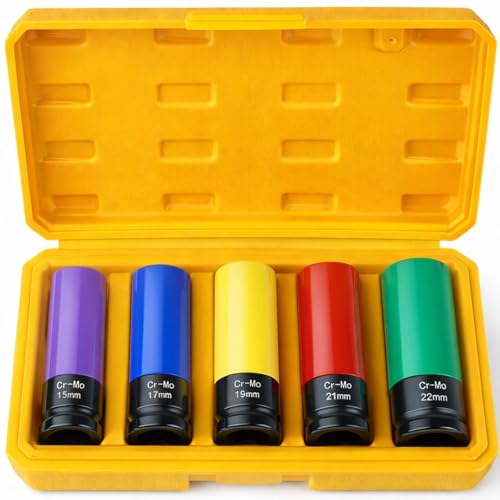 MIKKUPPA 1/2" Drive Lug Nut Socket Set - 5 Pieces 15 17 19 21 22 MM Non-Marring Thin Wall Wheel Protector Impact Socket Tool Kit