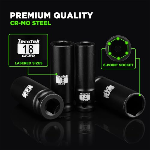 TecoTek 14PCS 1/2" Deep Drive Impact Socket Set, 6-Point, Metric (10mm-32mm), CR-MO Steel, With a Storage Case - size: 0.394-1.260 inches (14 Pieces)