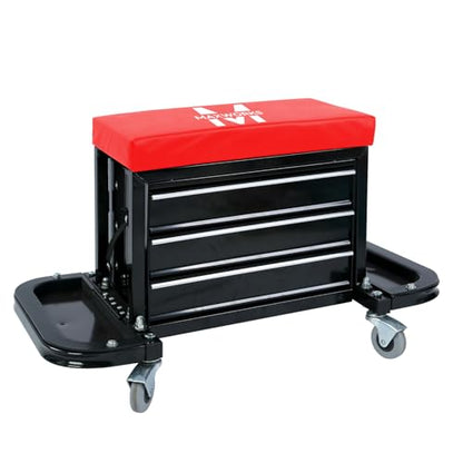 MaxWorks MW-0206 3-Drawer Rolling Tool Chest Seat – 350 lb Capacity Heavy-Duty Mechanic Stool with Magnetic Trays, Tool Rack, and Padded Cushion for Garage & Workshop