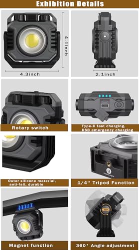 COB Work Light Rechargeable Magnetic Work Lights 1500LM with Stepless Dimming Flashlights Waterproof 360°Foldable COB Flood Light for Camping, Fishing, Car Repair, Hiking,Garage,Job Site Lighting