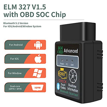 OBD2 Bluetooth Wireless Diagnostic Code Reader OBD II Scan Tool Reset & Clear Check Car Engine Light,Bluetooth Scanner Read, Compatible with iOS& Android & Windows - color: black