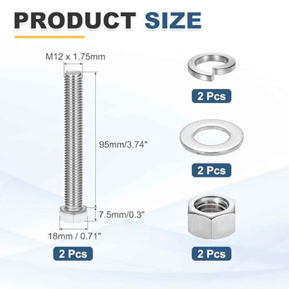 MECCANIXITY M12 x 95mm 304 Stainless Steel Hex Head Screws Bolts, Nuts, Flat & Lock Washers Assortment Kit, Fully Threaded, Bright Finish for Home, Electronic, Machine, 2 Sets - size: M12 x 95mm