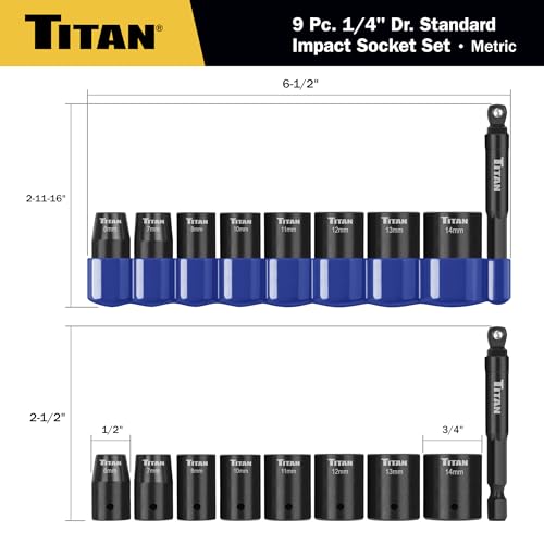 Titan 46201 9-Piece 1/4-Inch Drive Metric Shallow Impact Socket Set, 6-Point, Metric Sizes 6 to 14mm - size: 9-Piece Metric Shallow, style: 1/4-Inch Drive