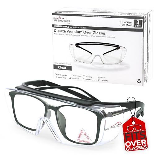 SAFE HANDLER Duarte Premium Over Glasses 3 PAIRS | ANSI Z87.1, Impact Resistant Polycarbonate Lens, UV400, Anti-Fog & Anti-Scratch, Box of 3 | ANSI Z87.1, Impact & Scratch Resistant UV 400 Eyewear for Men & Women — Built in side shield and Adjustable Temp