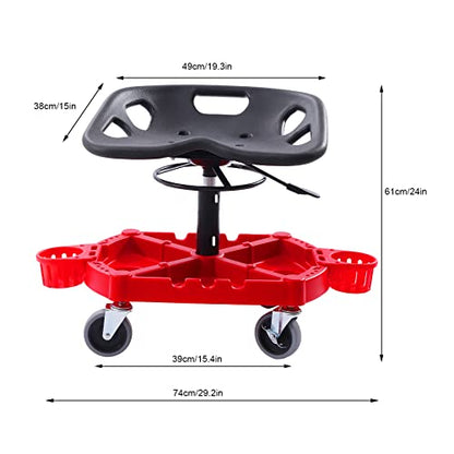 Rolling Garage Stool, 300LBS Capacity Work Seat 20-25inch Height Adjustable Mechanics Stool with Wheels Large Tool Tray with Two Bottle Holder Garage Pneumatic Stool for Workshop Garage