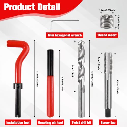 15 Piece M12x1.75 Thread Repair Kit Metric with HSS Drill Bits Thread Inserts Taps Breakoff Installation Tool, Auto Rethreading Restorer Tool Kit for Automotive and Engine Repairs - size: M12 x 1.75mm